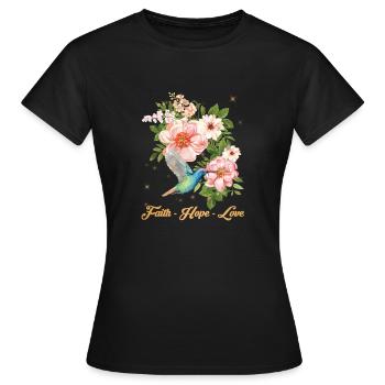 Faith Hope Love Hummingbird Picture Bird Print - Frauen T-Shirt - Schwarz - Vorne - AI Model Female 172 dark (172cm)