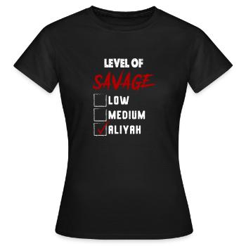 Niveau de Sauvage: ALIYAH Coche Nouveauté Personnalisé N - T-shirt Femme - noir - Devant - AI Model Female 172 dark (172cm)