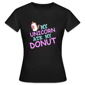 My Unicorn Ate My Donut Funny Unicorn T-Shirt - Frauen T-Shirt - Schwarz - Vorne - AI Model Female 172 dark (172cm)