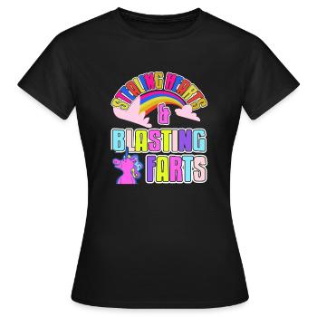 Stealing Hearts & Blasting Farts Funny Unicorn - Frauen T-Shirt - Schwarz - Vorne - AI Model Female 172 dark (172cm)