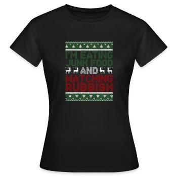 Ich esse Junk Food und schaue einen miesen - Frauen T-Shirt - Schwarz - Vorne - AI Model Female 172 dark (172cm)