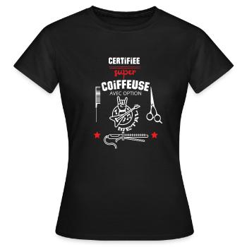 t- shirt coiffeuse certifiée option musique - T-shirt Femme - noir - Devant - AI Model Female 172 dark (172cm)