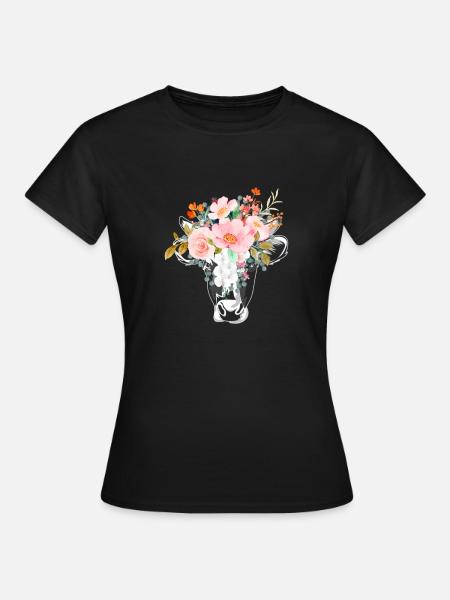 KUHKOPF MIT BLÜTEN - Frauen T-Shirt - Schwarz