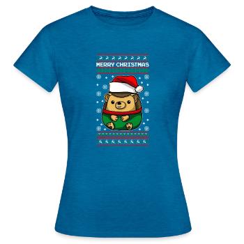 Igel mit Ugly Christmas Sweater - Frauen T-Shirt - Antikblaues Saphir meliert - Vorne - AI Model Female 172 dark (172cm)