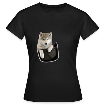 Cute Grey Wolf in Pocket Funny Wolves Graphic - Women's T-Shirt - black - Front - AI Model Female 172 dark (172cm)