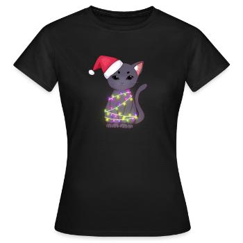 Chat noir mignon portant le chapeau de père Noël, lumières de Noël - T-shirt Femme - noir - Devant - AI Model Female 172 dark (172cm)
