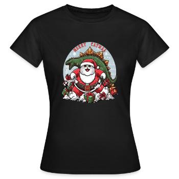 Gros chat comme Père Noël et dinosaure détruisant des cadeaux, - T-shirt Femme - noir - Devant - AI Model Female 172 dark (172cm)