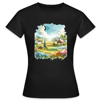 Rural village in spring in water color - Women's T-Shirt - black - Front - AI Model Female 172 dark (172cm)