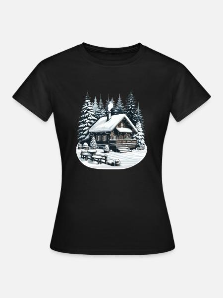 Behagliche Winterlandschaft mit Schneebedeckter Hü - Frauen T-Shirt - Schwarz