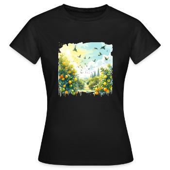 Verger d’agrumes ensoleillé avec des oiseaux - T-shirt Femme - noir - Devant - AI Model Female 172 dark (172cm)