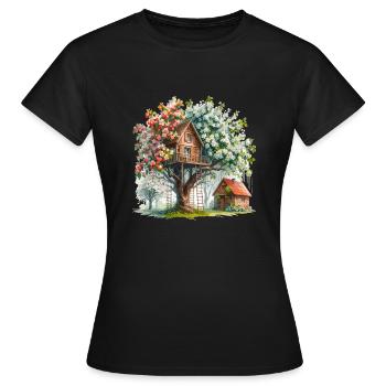 Cabane dans les arbres confortable entourée de pommiers en fleurs - T-shirt Femme - noir - Devant - AI Model Female 172 dark (172cm)