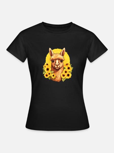Alpaka mit Sonnenblumen - Frauen T-Shirt - Schwarz