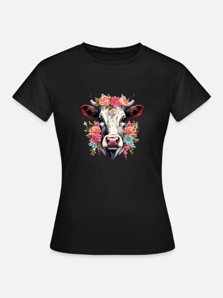 Kuh mit Blumen - Frauen T-Shirt - Schwarz