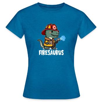 Firesaurus mit Feuerwehrhelm und Feuerwehrschlauch - Frauen T-Shirt - Antikblaues Saphir meliert - Vorne - AI Model Female 172 dark (172cm)