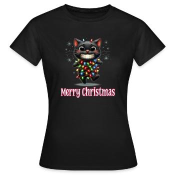 Chat Noir avec Lumières Fées Joyeux Noël - T-shirt Femme - noir - Devant - AI Model Female 172 dark (172cm)