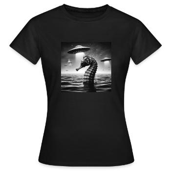 Mutant Seepferdchen Lustiges Grafik Selfie mit UFOs Wei - Frauen T-Shirt - Schwarz - Vorne - AI Model Female 172 dark (172cm)