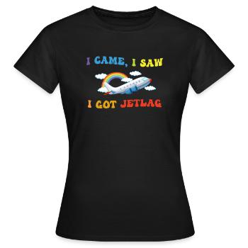Ich kam, ich sah, ich bekam Jetlag, Reisehumor - Frauen T-Shirt - Schwarz - Vorne - AI Model Female 172 dark (172cm)