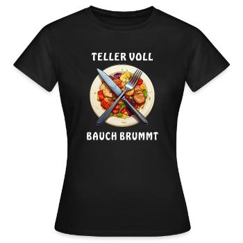 Speiseteller TELLER VOLL BAUCH BRUMMT - Frauen T-Shirt - Schwarz - Vorne - AI Model Female 172 dark (172cm)