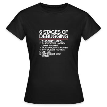 6 Stages of Debugging | Programmer, computer science - Women's T-Shirt - black - Front - AI Model Female 172 dark (172cm)