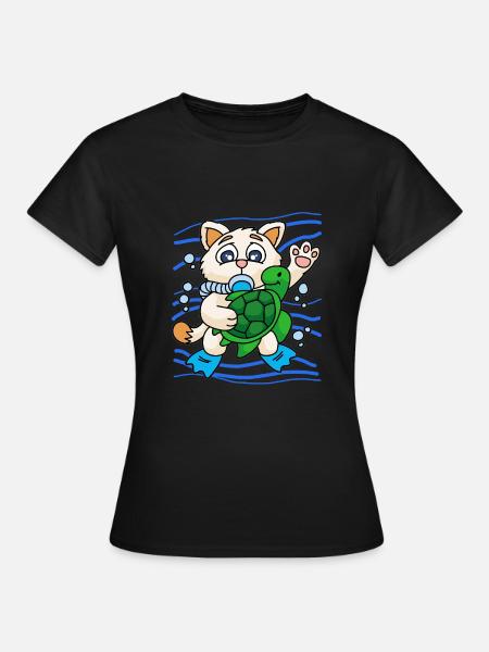 KITTY WITH SEA TURTLE - Frauen T-Shirt - Schwarz