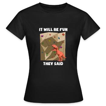 Boulder Trex - Lustiger Dinosaurie Kletter T-Shirt - Frauen T-Shirt - Schwarz - Vorne - AI Model Female 172 dark (172cm)
