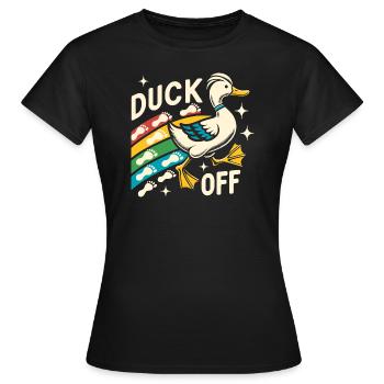 Duck Hunter Pun, Duck Off, Retro Waterfowl Duck - Frauen T-Shirt - Schwarz - Vorne - AI Model Female 172 dark (172cm)