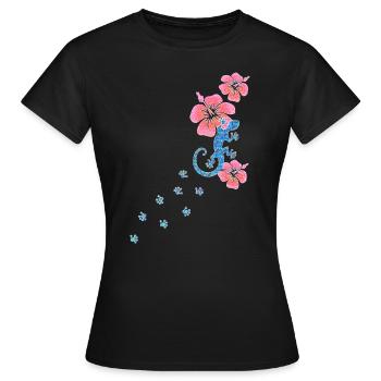 Gecko footprint with hibiscus, lucky charm Aloha - Women's T-Shirt - black - Front - AI Model Female 172 dark (172cm)