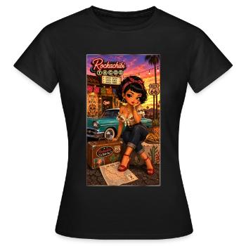 Pénélopé Pinup Road 66 Vintage 50s - Chibi Kek-In - T-shirt Femme - noir - Devant - AI Model Female 172 dark (172cm)