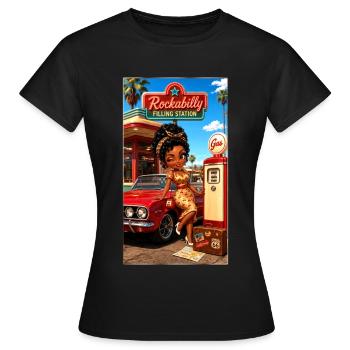 Gloria Pinup Cherry 50s Tankstelle – Kek-Ina - Frauen T-Shirt - Schwarz - Vorne - AI Model Female 172 dark (172cm)