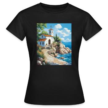 L’église chrétienne au bord de la mer en Grèce - T-shirt Femme - noir - Devant - AI Model Female 172 dark (172cm)