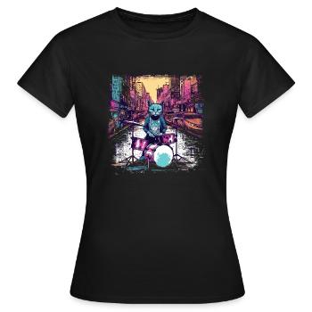 Cat Drummer Music Animal Drums Wild Cat - T-shirt Femme - noir - Devant - AI Model Female 172 dark (172cm)