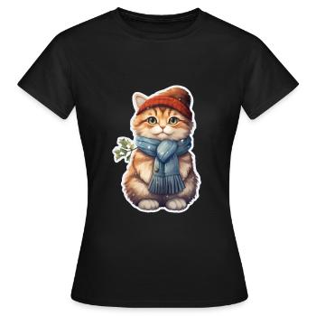Chat en hiver avec bonnet et écharpe - T-shirt Femme - noir - Devant - AI Model Female 172 dark (172cm)