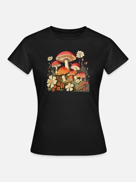 Pilze und Blumen - Frauen T-Shirt - Schwarz