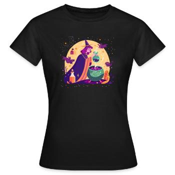 A young witch brewing a magic potion - Women's T-Shirt - black - Front - AI Model Female 172 dark (172cm)