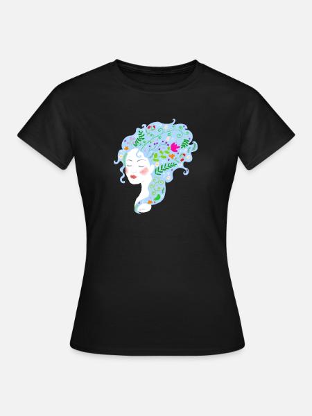 Frau mit blauem Blumenhaar - Frauen T-Shirt - Schwarz