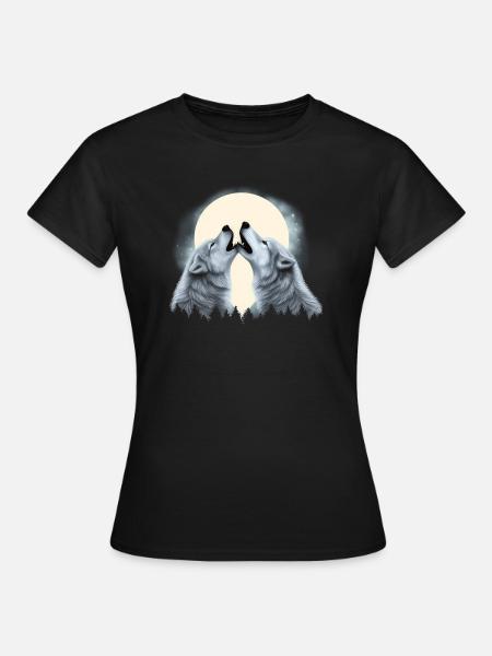 Zwei Wölfe heulen den Mond an Paar Wölfe - Frauen T-Shirt - Schwarz