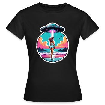 Frau am Ufer geht auf ein UFO zu. - Frauen T-Shirt - Schwarz - Vorne - AI Model Female 172 dark (172cm)