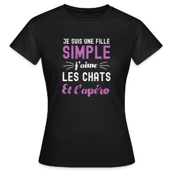 Une fille simple j aime les chats et l apéro - T-shirt Femme - noir - Devant - AI Model Female 172 dark (172cm)