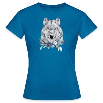 Wolfsporträt geschmückt mit Weihnachtspflanzen - Frauen T-Shirt - Antikblaues Saphir meliert - Vorne - AI Model Female 172 dark (172cm)