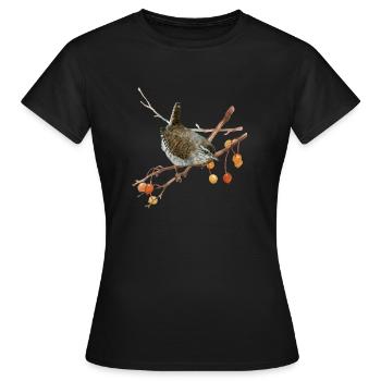 Liebevoll handgemalter Zaunkönig auf einem Zweig - Frauen T-Shirt - Schwarz - Vorne - AI Model Female 172 dark (172cm)