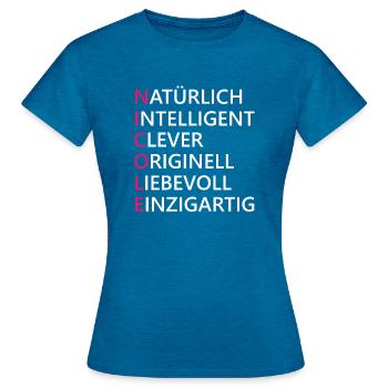 Nicole Name Geschenk - Frauen T-Shirt - Antikblaues Saphir meliert - Vorne - AI Model Female 172 dark (172cm)