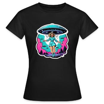Panicked woman is taken into UFO. - Women's T-Shirt - black - Front - AI Model Female 172 dark (172cm)