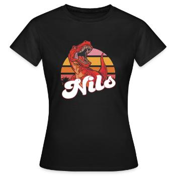 NILS - Beautiful Young Name with T-REX Dino - Women's T-Shirt - black - Front - AI Model Female 172 dark (172cm)