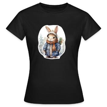Hase im Schnee mit Mütze, Schal und Mantel - Frauen T-Shirt - Schwarz - Vorne - AI Model Female 172 dark (172cm)
