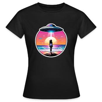 Woman is staring at UFO at the beach. - Women's T-Shirt - black - Front - AI Model Female 172 dark (172cm)