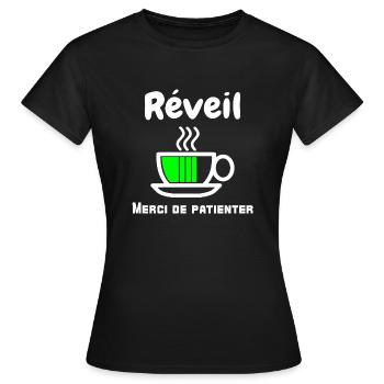 réveil - merci de patienter - humour - T-shirt Femme - noir - Devant - AI Model Female 172 dark (172cm)