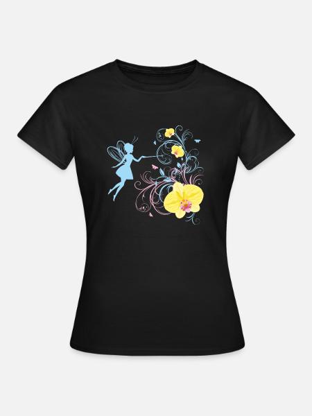 Fee auf floralem Hintergrund mit Orchideen - Frauen T-Shirt - Schwarz
