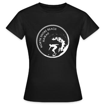 North Shore beach, Hawaii, Surfer is surfing - Women's T-Shirt - black - Front - AI Model Female 172 dark (172cm)