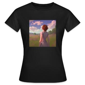 Junge Frau in der Natur Blumen Wiese Wolken Himmel - Frauen T-Shirt - Schwarz - Vorne - AI Model Female 172 dark (172cm)