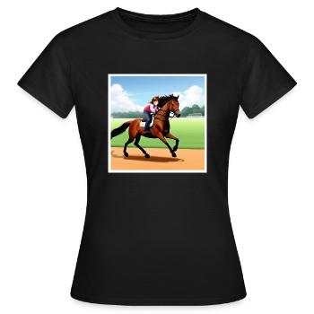 Mädchen auf einem Pferd an einem Fußballplatz - Frauen T-Shirt - Schwarz - Vorne - AI Model Female 172 dark (172cm)